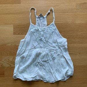 American Eagle crepe high neck top, crochet detail